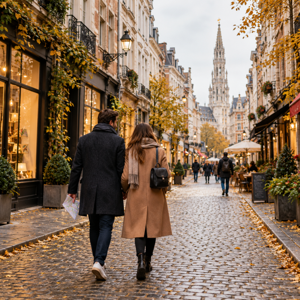 Hotel guests walking through Brussels on an autumn day in November